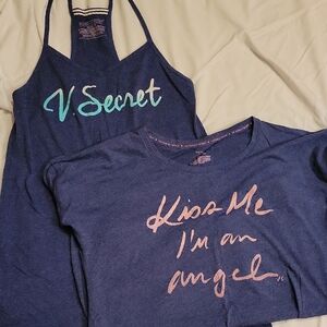 Victoria's Secret Navy Sleep Tank & Tee Set with Teal and Pink Script